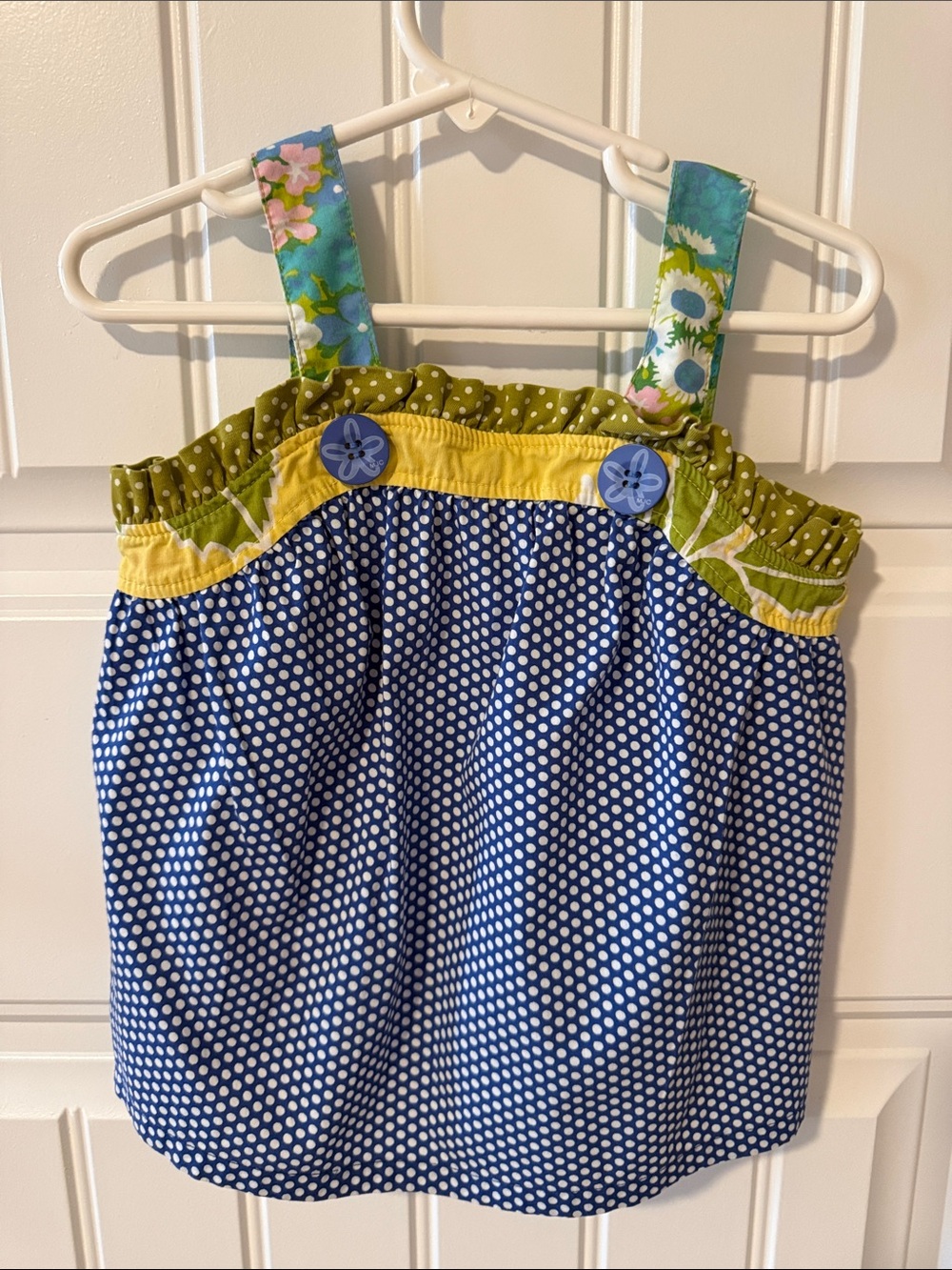 Matilda Jane Blue Polka Dot Tank with Green and Yellow Accents